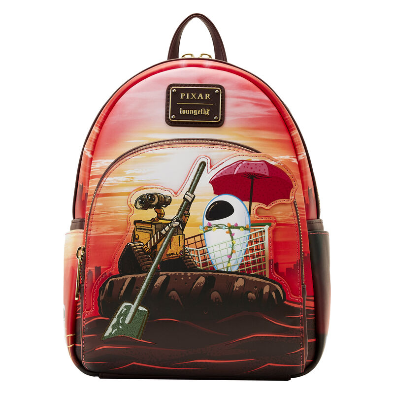 Red and brown mini backpack featuring WALL-E and EVE on their date night floating on a raft.